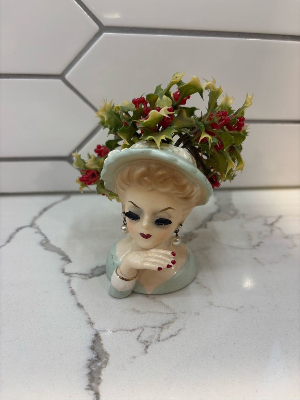 Vintage Inarco 1963 Lady Head Vase with original plastic flowers